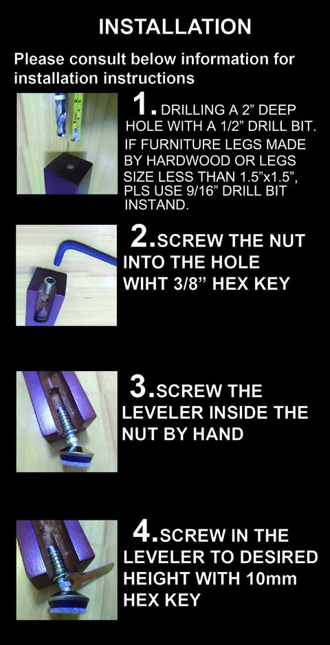 Installation guide for Swivel Furniture Levelers Kit Adjustable Heavy Duty Leveling Legs with steps and tools shown.