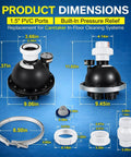 Diagram showing dimensions of 5 Port Water Valve Kit For In Floor Pool Cleaning System components with 1.5 inch PVC fittings