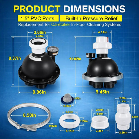 Diagram showing dimensions of 5 Port Water Valve Kit For In Floor Pool Cleaning System components with 1.5 inch PVC fittings