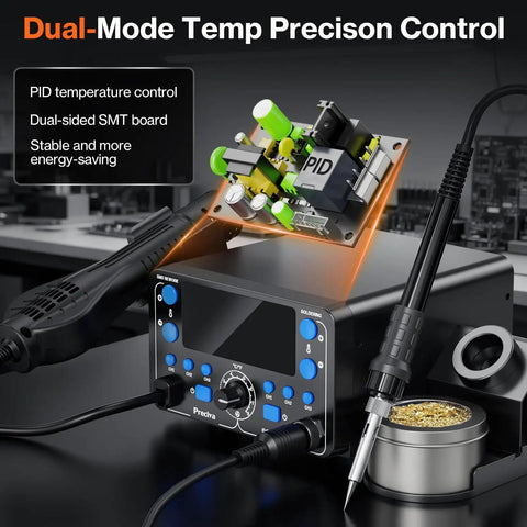 Top-Notch 2-in-1 SMD Hot Air Rework and Soldering Station with LED Display and PID control on a workbench