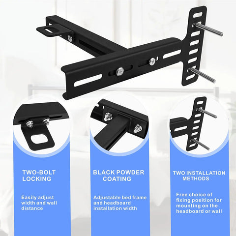 Adjustable headboard bracket with two-bolt locking, black powder coating for secure installation, No More Floor Bounces Or Pesky Squeaks With These Adjustable Headboard Brackets And Universal Bed Foot Extenders For Steel Frames Quick Setup Twin Full Queen King Ready Solid Grip Guaranteed.