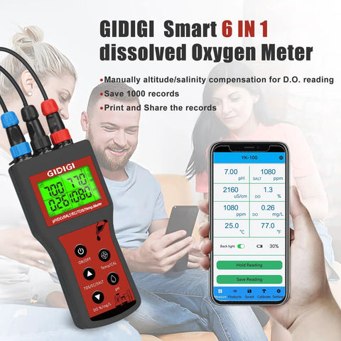 All In One Water Quality Meter For Aquariums And Hydroponics With Dissolved Oxygen pH Salinity TDS EC And Temp Bluetooth Data Logging
