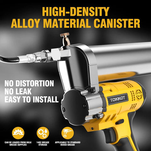 Close-up of Powerful 14,000 PSI Cordless Grease Gun Kit With Two Batteries, highlighting high-density alloy canister material.