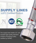 Built Tough Braided Stainless Steel Faucet Supply Lines Twenty Inch Length with cUPC certification and lead-free features.