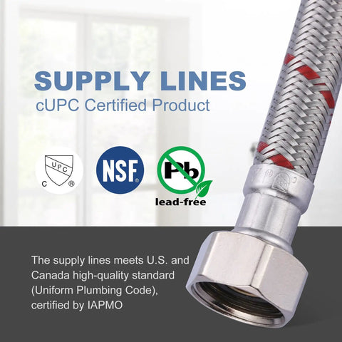 Built Tough Braided Stainless Steel Faucet Supply Lines Twenty Inch Length with cUPC certification and lead-free features.