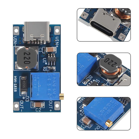 Type C DC DC Boost Module with MT3608 adjustable step up converter, close-up views of components and USB Type-C port for DIY projects