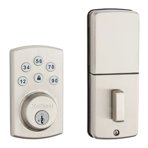 Powerbolt 907 Keyless Entry Deadbolt Electronic Door Lock With 6 Button Keypad Auto Locking And Keyed Pick Resistant SmartKey ReKey Security Technology Satin Nickel Finish front and back view