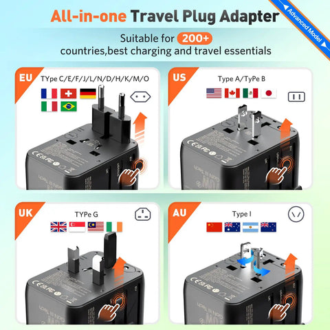 Your Go To 70W Travel Power Adapter Universal Worldwide Plug With Type A And C showing EU, US, UK, AU plug types