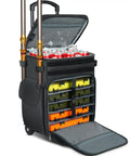 Rolling Tackle Box With Cooler And Wheels, Large Saltwater Ready Fishing Backpack With Rod Holders, open showing trays