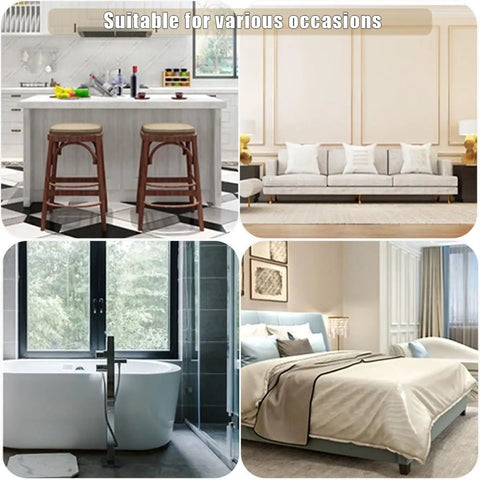 Collage showing kitchen, living room, bathroom, and bedroom where Eight Piece Rubber Door Stopper Wedge Set For Small Gaps Under 0.98 Inches can be used.