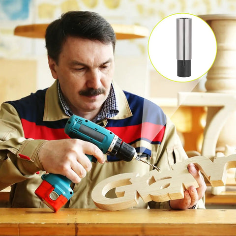 Man using drill with 2 Pack 1/4 To 1/8 Collet Adapter For CNC Lathe And Router Bits, High Carbon Steel Reducer Converter, Durable Milling Tool Adapter For Engraving Bits, 1/4In To 1/8In Size
