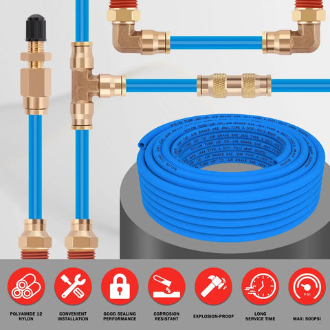 Three Eighths Inch DOT Air Line Blue PA12 Nylon Pneumatic Tubing 100 Ft 30.5 M Heavy Duty Flexible Hose with fittings displayed