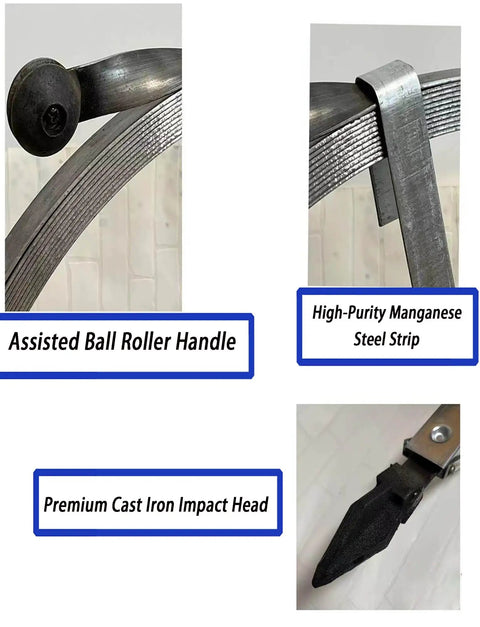 Image showing features of Rock Solid Heavy Duty Drain Snake For Outdoor Sewer Lines, including premium cast iron head and roller handle.