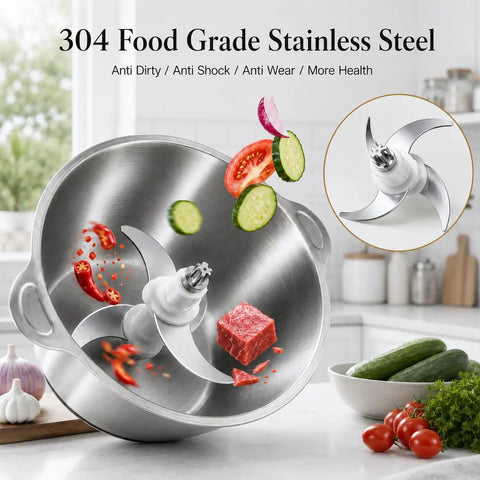 Homeasy Electric Food Chopper with 2L stainless steel bowl and sharp blades chopping vegetables and meat for meal prep.