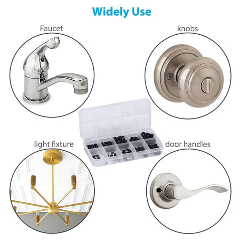 Must Have 200 Piece Internal Hex Drive Cup Point Grub Screw Set In Metric M3 To M8 With 10 Sizes And 5 L Wrenches Heavy Duty Carbon Steel Corrosion Resistant, shown with faucet, knobs, light fixture, door handles.