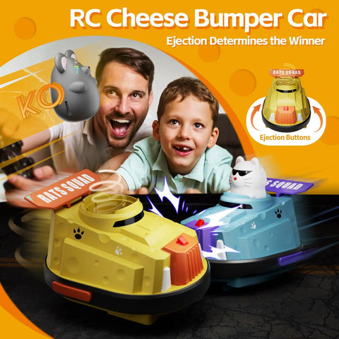 Father and son play with 2 Pack Remote Control Cat And Mouse Ejecting Bumper Cars For Kids, Fun Competitive RC Toy Cars.