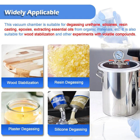 Premium 304 Stainless Steel Vacuum Chamber Degassing Tank For Epoxies And Wood Stabilization with various uses for resin and oils.