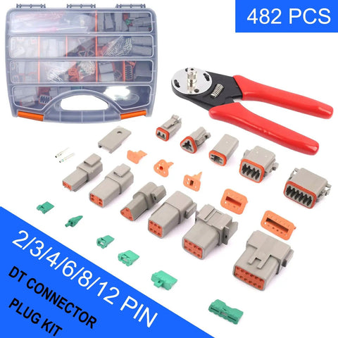 482-Piece Automotive Connector Kit with 2 3 4 6 8 12 pin modules, crimping tool, and storage case