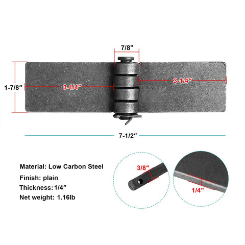 Four Pack Weld On Butt Hinges Heavy Duty Weldable Trailer Gate Hinges Seven And A Half Inches Long One And Seven Eighths Inches Wide Quarter Inch Thick Natural Finish 220 Lbs Per Pair Pin Diameter Three Eighths Inch, low carbon steel
