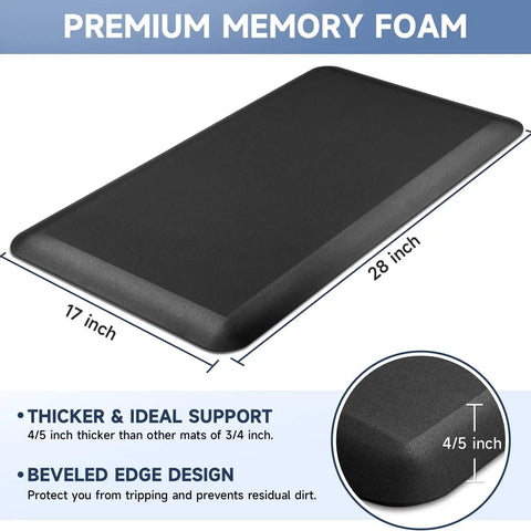 Ultra Thick 4 To 5 Inch Memory Foam Anti Fatigue Kitchen Mat Non Slip Water And Stain Resistant 17 By 28 Inch Rug Black