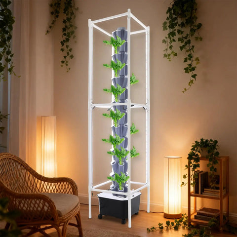 Vertical Hydroponic Garden Tower With 70 Pods And 14 Tiers, 8 LED Light Strips For Indoor Herb Growth, Smart Auto Watering, Grey