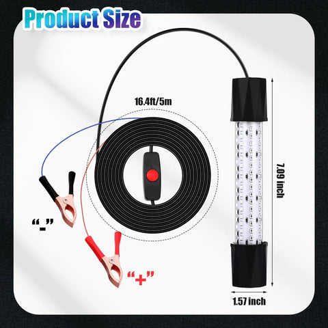 2 Pack Underwater Fishing Light Kit 12V 15W Submersible LED Lure Lamp With 16.4ft Cord showing detailed product dimensions