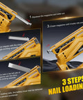 Image showing heavy duty 3 in 1 cordless staple gun loading process for T50 staples and 18 gauge brad nails.