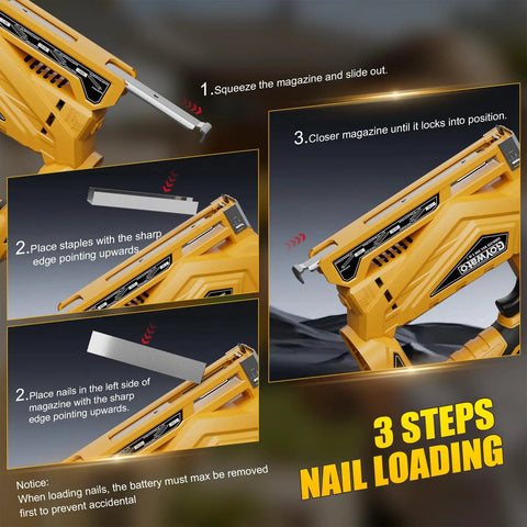 Image showing heavy duty 3 in 1 cordless staple gun loading process for T50 staples and 18 gauge brad nails.