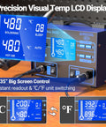2-In-1 Soldering And Hot Air Rework Station With Large LCD Display PID Temperature Control showcasing temperature readouts in blue.