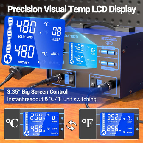 2-In-1 Soldering And Hot Air Rework Station With Large LCD Display PID Temperature Control showcasing temperature readouts in blue.