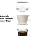 Single Serve Pour Over Coffee Maker With Auto Drip Tank For A Balanced Brew showing drip process with water tank and lid
