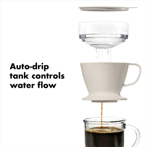 Single Serve Pour Over Coffee Maker With Auto Drip Tank For A Balanced Brew showing drip process with water tank and lid
