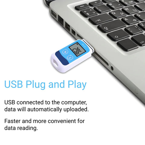 No Sweat Usb Temperature And Humidity Data Logger With Heavy Duty Memory Bank And Smooth Lcd Readout For Straight Up Clinical Or Commercial Storage Tasks plugged into laptop USB port for easy data uploads.