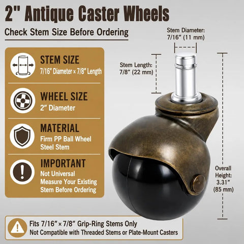 Two Inch Brass Caster Wheels Five Pack Antique Ball Casters With Seven Sixteenth Inch Diameter And Seven Eighth Inch Long Grip Ring Stem For Your Vintage Furniture Upgrades And Retro Vibe Not Universal Sockets Not Included, 2-inch caster stem size guide