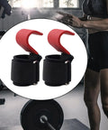 Two Pack Wrist Lifting Straps With Adjustable Wraps And Anti Slip Metal Hooks For Powerlifting Hand Grips For Pullups Chinups Dumbbells And More Secure Fit Comfortable Wrist Support Red For Gains, displayed in gym setting next to barbell