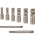 Seven piece HSS annular cutter kit for Heavy Duty Magnetic Drill Press With Rack And Pinion Control For Smooth Metal Work.
