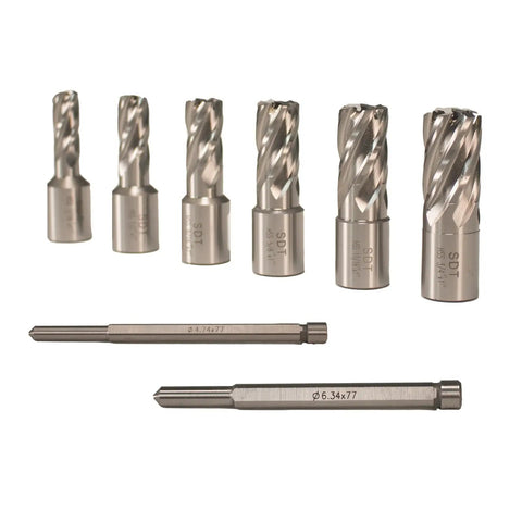 Seven piece HSS annular cutter kit for Heavy Duty Magnetic Drill Press With Rack And Pinion Control For Smooth Metal Work.