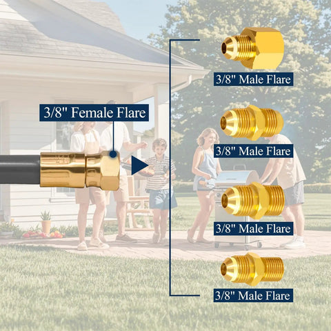 Three Eighths Inch ID Natural Gas Hose With Quick Connect For Low Pressure Propane To Natural Gas Conversion Kit Twelve Foot Fits Grills Ovens Heaters Fire Pits And Pizza Ovens, showing 3/8-inch female flare and male flare adapters.