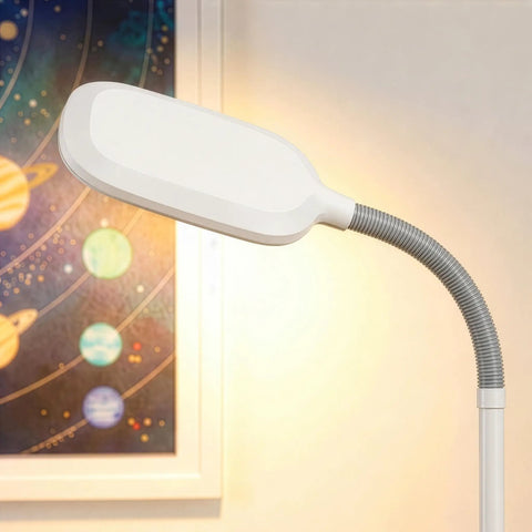 Close-up of Litespan LED Floor Reading Lamp For Over Chair Tasks And Lash Extensions with flexible gooseneck, white finish