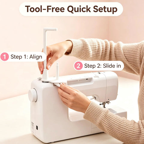 Heavy Duty Thread Spool Stand For Sewing Machines Featuring A Sick Anti Tangle Guide And Jumbo Cone Holder Totally No Sweat Bracket For Quilting Embroidery Setup Straight Up Smooth Operation In White during tool-free setup.