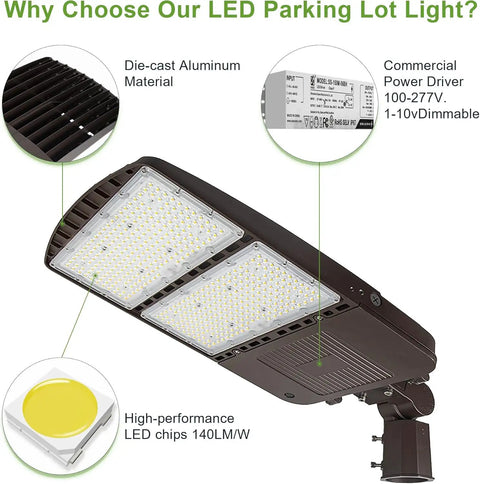 Go To 300W LED Parking Lot Shoebox Lights With Dusk To Dawn Photocell featuring aluminum material and LED chips.