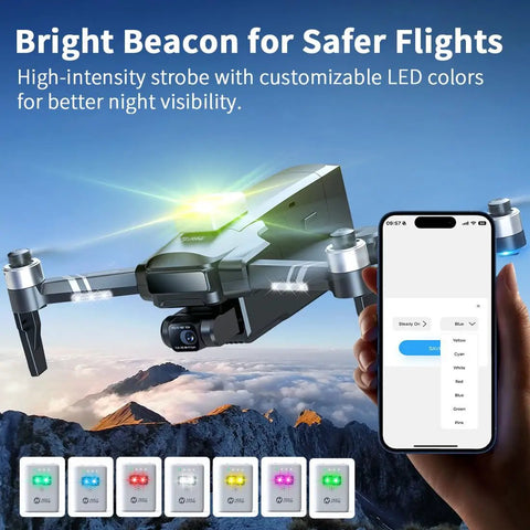 Drone with FAA Compliant Remote ID Module, strobe light active, held by person adjusting settings via smartphone app