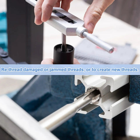 Top Shelf 3 Piece Hand Tap Set Featuring M3.5 X 0.6 Metric Thread Sizes being used on aluminum extrusion for threading.