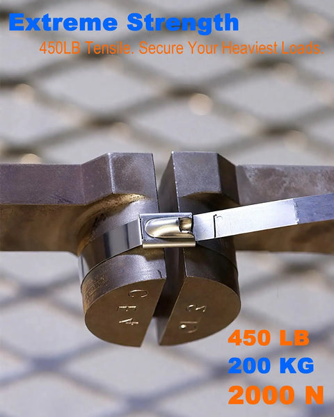 Heavy Duty 304 Stainless Steel Cable Ties 50 Pack 8 Inch Metal Zip Ties For Exhaust Auto Repair Fencing 450 Lb Tensile Strength Heat Resistant Built Like A Tank Rock Solid Hardware securing two metal rods with 450 lb tensile strength.