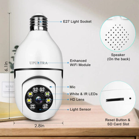 Wireless Security Camera 1080P With PTZ And 360 Degree Panoramic View No Fuss Setup, E27 Base WiFi camera with mic and SD slot