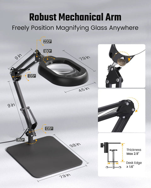 Crystal Clear 10X Square Magnifying Desk Lamp With Dimmable LED Light Clamp Or Base Mount in black with adjustable swing arm