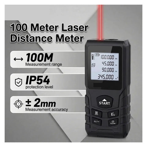 No Nonsense Laser Distance Meter And Rangefinder For Construction With An Easy Grip Handheld Frame and Fast Digital Readout with clear display.