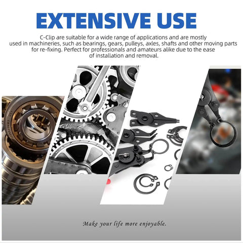 266 Piece 21 Sizes C Clip External Retaining Rings Set With Tweezer 65Mn Steel Snap Ring Kit for axles and shafts shown in use