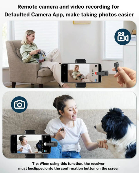 Person using remote camera app to control phone for photos; another person films dog on couch, illustrating ease of use.