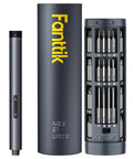 Slick Electric Screwdriver Set With Push To Release Trigger And RevoStor Magnetic Rotation Compact Precision Driver Kit, grey design, includes bit storage.